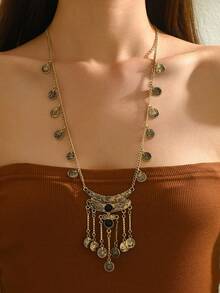 1pc Bohemian Vintage Exaggerate Tassel Pendant & Coin Totem Necklace, Ideal For Women Party, Gathering, Daily Wear, Or As A Perfect Gift
