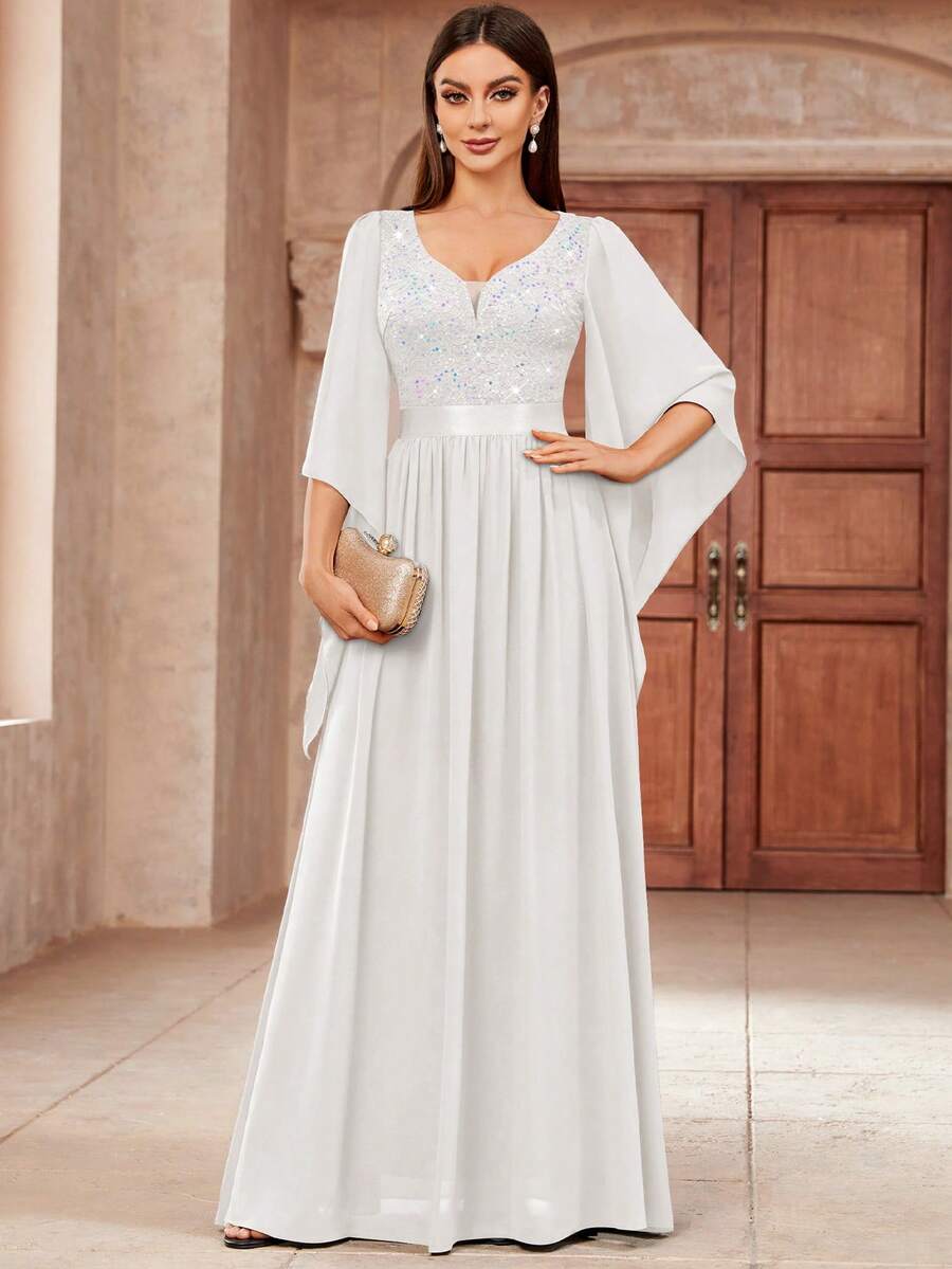 MIUSOL Deep V-Neck Sequin Patchwork Floral Lace Chiffon Formal Party Maxi Dress, Elegant Women's Party Gown