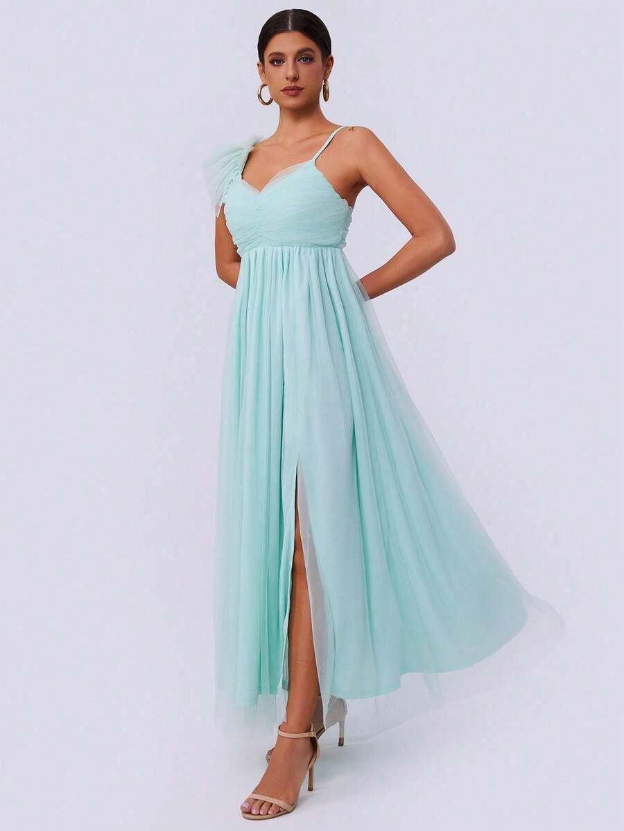 Women's Summer Solid Color Asymmetric Collar Mesh Patchwork Long Cap Sleeve Dress Elegant - Mint Green - View 1