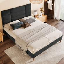 Upholstered Bed, Double Bed With Slatted Base, Upholstered Bed Frame 140x200cm With Headboard, In Black Linen, For Adults And Teenagers (Mattress Not Included) - Black - View 12