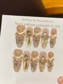 10pcs Handmade Oval-Shaped Nail Stickers, Suitable For Parties And Daily Wear, Gold Color Nails, Beautiful And Shiny, Easy To Apply Nail Supplies - Gold - View 5