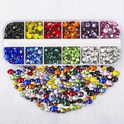 5 Tamaños de cristales artificiales con aplicación en caliente, Rhinestones de cristal con aplicación en caliente, Gemas de cristal artificial con aplicación en caliente Redondas, 12 colores, 5 tamaños de 2-6.5 MM (SS6-SS30) en caja de almacenamiento