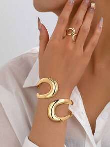 1 Set Of European & American Style Geometric Hollow Design Women Ring & Bracelet Set - Vàng - Xem 5