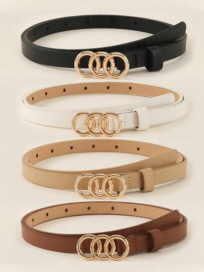 1/3/4pcs Elegant Golden 3-Ring Buckle Waist Belt For Women, Minimalist Solid ColorFor Coats, Dresses, Pants, Casual & Versatile, Academic Style, Suitable For Daily Commute, Gift