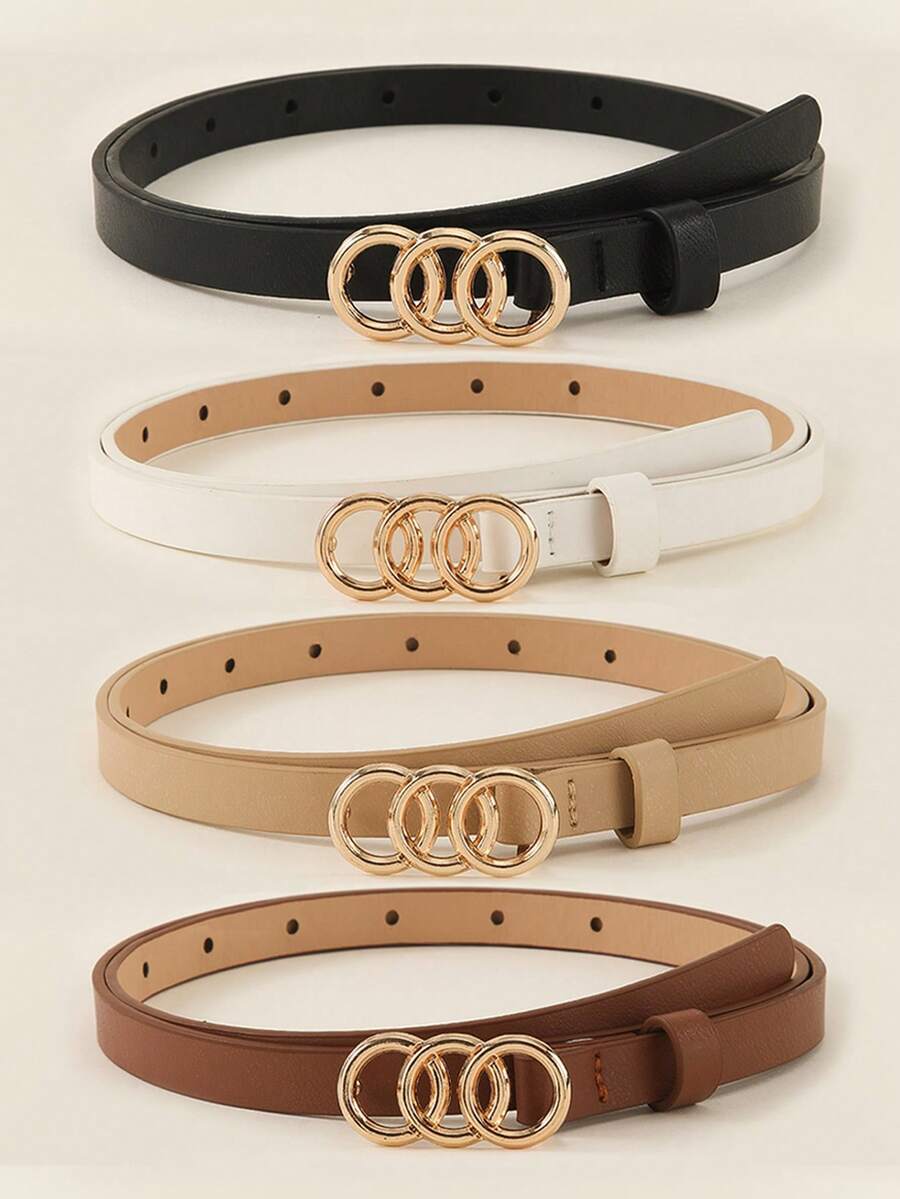 1/3/4 件优雅金色三环扣女士腰带，简约纯色腰带，适合外套、连衣裙、裤子，休闲百搭，学院风，适合日常通勤，馈赠佳品 - 彩色 - 查看 1