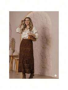 Women's Long Lined Skirt Knit Crochet Lace Summer - 鏽棕色 - 查看 1