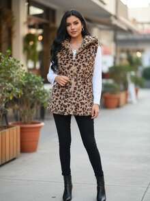 Chaleco de mujer con cremallera, estampado de leopardo, para mujer, talla grande, ajustable, otoño/ invierno - Caqui - Ver 5