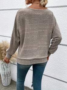 Suéter holgado de cuello redondo y manga de murciélago de unicolor para mujer de talla grande - Caqui - Ver 2