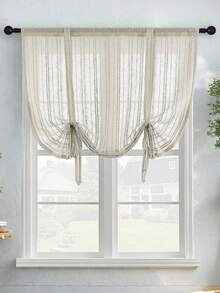 1pc Beige Striped Linen Curtain Tie-Up Roman Shade Chic Semi Sheer Curtain For Kitchen Bathroom Small Windows
