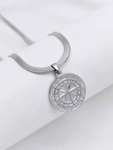 1 件 18K 镀金不锈钢维京指南针吊坠项链，金属硬币徽章时尚男女通用嘻哈刀片链配饰 - 彩色 - 查看 4