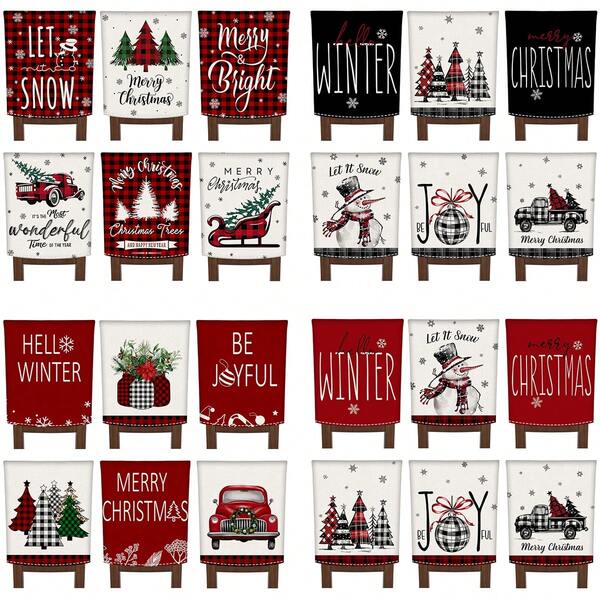 6PCS Christmas Decorative Chair Covers, Red And Black Christmas Tree, Snowman, And Truck Floral Patterns, For Decorating The Kitchen, Dining Room, Wedding, Living Room, And Bedroom.
