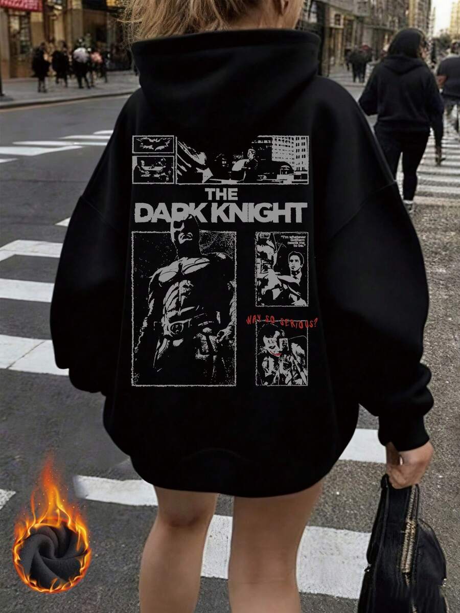 棉質女上衣,哥譚主題圖案上衣,女式黑色落肩衛衣,秋冬厚實布料保暖寬鬆連帽衫,適合寒冷天氣 - 黑色 - 查看 1