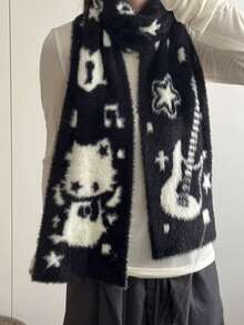 1pc Guitar & Broken Heart Cat Reversible Black & White Fluffy Scarf, Warm & Skin-Friendly, Perfect Gift For Girlfriend Or Best Friend, Also Can Be Used As Ladies Shawl - Multicolor - View 1