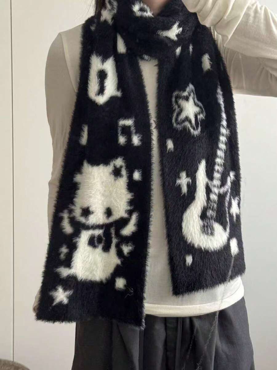 1pc Guitar & Broken Heart Cat Reversible Black & White Fluffy Scarf, Warm & Skin-Friendly, Perfect Gift For Girlfriend Or Best Friend, Also Can Be Used As Ladies Shawl - Multicolor - View 1