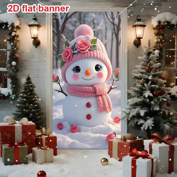 1 pièce, Housse de porte de Noël festive avec bonhomme de neige, 90 x 180 cm, polyester, sans alimentation électrique, décoration de porte d'entrée intérieure et extérieure pour les fêtes, toile de fond pour photographie de fête de Noël, bannière saisonnière d'hiver