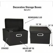 Household Essentials Fabric Storage Boxes With Lids And Handles Black Set Of 2 - Black - View 3
