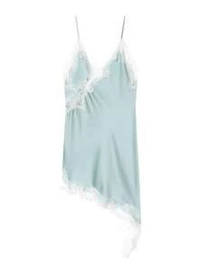 蕾丝边缎面不对称夏季派对迷你裙，优雅新款无袖性感睡裙，棕/黑色露背女装 - 藍色 - 查看 2