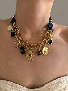 1 件奢华绳结不锈钢眼、心、蝴蝶多吊坠 DIY 手工编织项链，适合女性宴会、派对、聚会、日常穿着、节日礼物 - 金色 - 查看 6