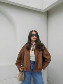 FGGG Brown Short Suede Jacket For Women Autumn Winter Stitched Collar With Long Sleeves Relaxed Fit Versatile Layering Women's Top For Casual Outings Gatherings And Commuting