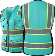 HATAUNKI High Visibility Reflection Peacock Mesh  Vests With 9 Pockets And Front Zipper, Hi Vis  Vest For Women, Meets ANSI/ISEA Standards(Peacock-16,S),24200044 - 墨綠色 - 查看 2