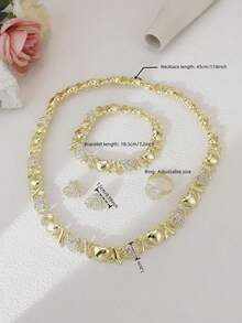 4pcs Fashionable Women's Yellow XOXO Love Hug Plated Gold Pendant Necklace Earrings Jewelry Set, Ideal For , Dubai, Africa, Europe And America Parties, Weddings And Festivals Gifts - 心 - 查看 3