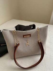 女士大容量手提包，别致链条单肩包，新款时尚腋下包，复古亚麻托特包 - 彩色 - 查看 12