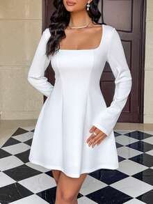 Váy Unadoll dành cho nữ mùa thu, tay dài, cổ vuông, cạp chun eo dáng chữ A, thích hợp cho kỳ nghỉ, đi chơi, hẹn hò, tiệc tùng, v.v., Giáng sinh, trở lại trường - trắng - Xem 6