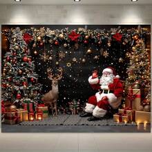 خلفية ديكور عيد الميلاد بموضوع بابا نويل، تتميز بمشهد رنة بهيج وبابا نويل، صناديق هدايا وشجرة عيد الميلاد. ديكور عطلة عالمي، لا يتطلب كهرباء - مثالي لغرف المعيشة والديكور الخارجي وأستوديوهات التصوير. متوفر بأحجام متعددة. - متعدد الألوان - مشاهدة 4