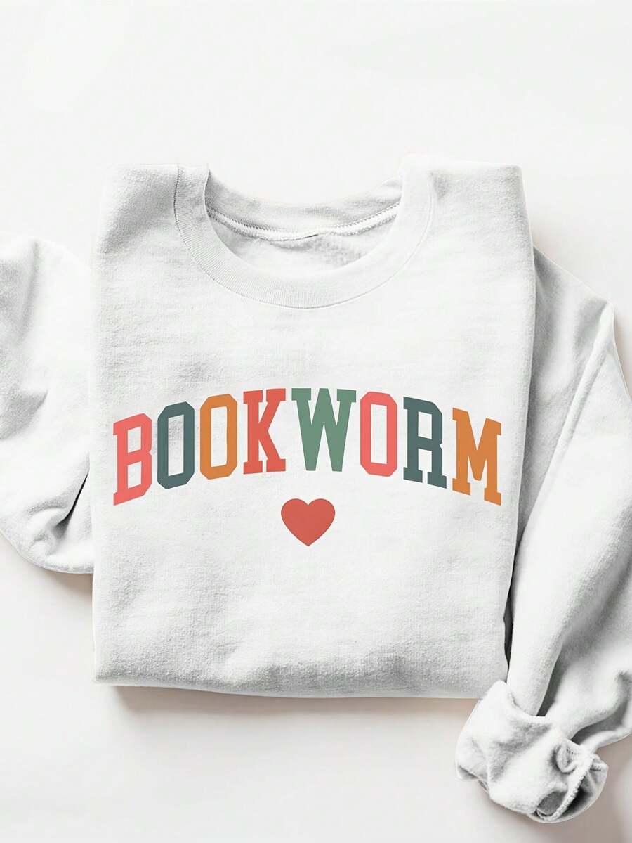 Casual Stylish Minimalist Women'S Long-Sleeve Round-Neck Sweatshirt With Letter Print,Graphic Crew Neck Sweatshirt, Long-Sleeve Pullover Comfy Loose Top (Perfect For Game Day And Valentine's Day) - 白色 - 查看 1