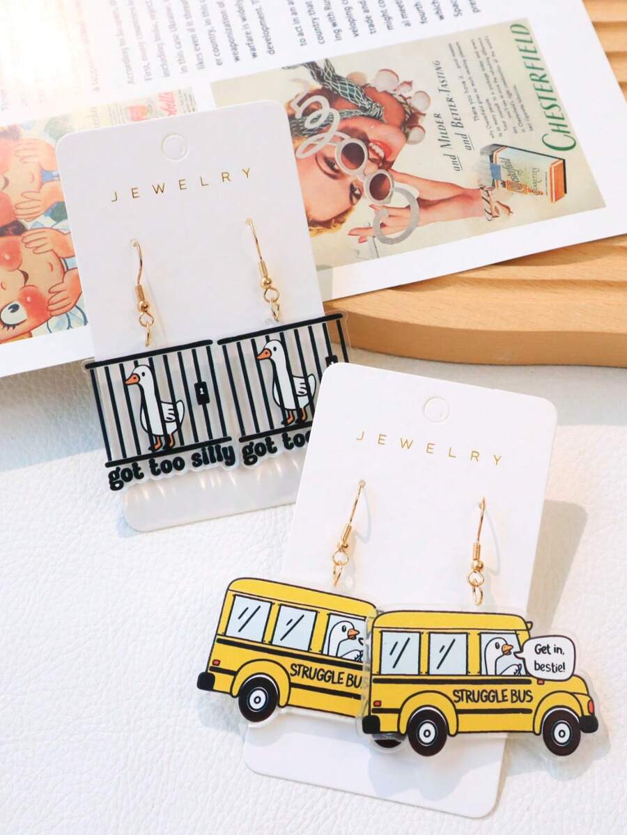1 Pair Acrylic Novelty Earrings, Jail Duck Driving Bus Design, Funny & Quirky, Suitable As Gift For Women