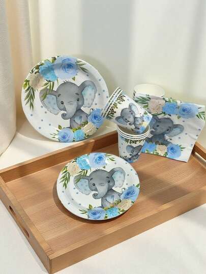 24Pcs Of Set Blue Calf Elephant Theme Shower Decorations Disposable Tableware Shower Paper Plates Cups Napkins For Birthday Gender Reveal Party Favors Birthday Party Decoration