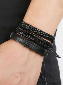 6PCs Vintage Black Woven Leather Bracelet DIY Combination Set For Men - Black - 查看 6