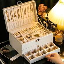 3 Layer Jewelry Box, Jewelry Holder Organizer With Jewelry Organizer Drawer, Large Jewelry Boxes & Organizer With Velvet Earring Organizer, Lockable Jewelry Holder, Unique Gifts For Women Mom (White) - 1PCS - 查看 1