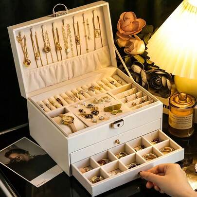 3 Layer Jewelry Box, Jewelry Holder Organizer With Jewelry Organizer Drawer, Large Jewelry Boxes & Organizer With Velvet Earring Organizer, Lockable Jewelry Holder, Unique Gifts For Women Mom (White)