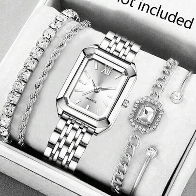 JasonRolls 5pcs Set, Women's Watch, Fashionable Luxury Silver & Gold Stainless Steel Band Business Watch, Alloy Material, Alloy Bracelet Set, Daily Wear Matching, Watch & Bracelet Set, Gift For Women