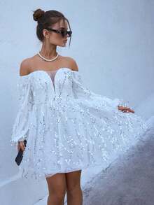 Joyfunear Đầm dạ hội trễ vai tay dài tua rua và sequin dành cho nữ, phù hợp cho mùa xuân, hè, thu, đông - trắng - Xem 7