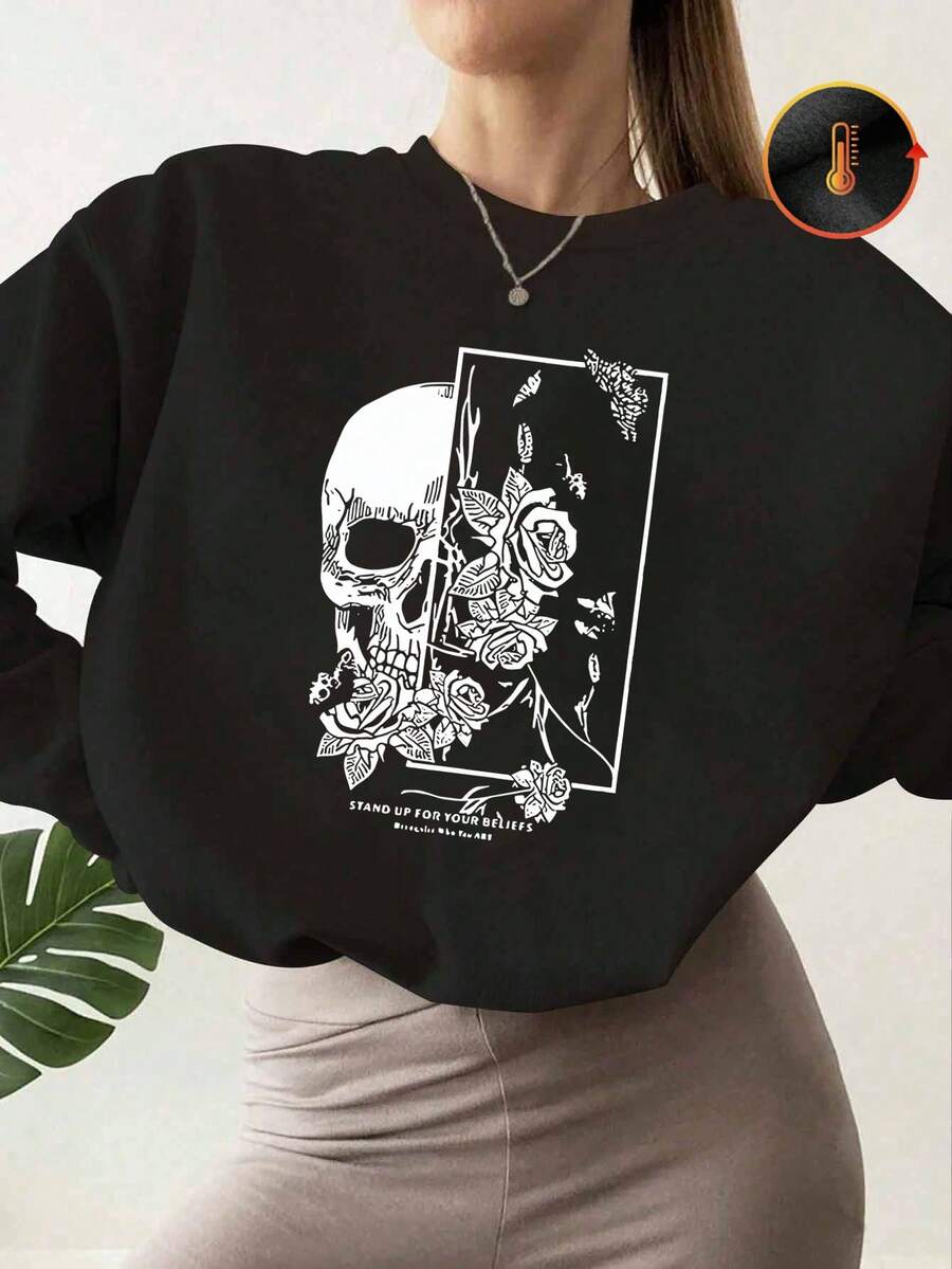 1 Stück Schädel & Rose Blumen Grafik bedruckter Damen Fleece Sweatshirt Pullover, Steh zu deinen Überzeugungen Herbst Winter warmer Oberteil