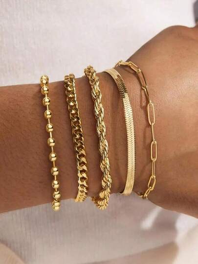 1PACK(5pcs) Gold Bracelet For Women, Delicate Bracelet Set For Fashionable Women, Gold Bracelet Can Be Stacked With Beads, Paper Clips, Hearts, Snakes, Ropes, Pearls, Crosses, Bracelets, Christmas Gifts For Women