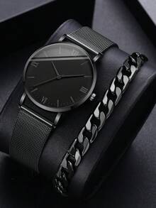 1pc Black Zinc Alloy Strap Fashionable Round Dial Quartz Watch & 1pc Chain Bracelet, For Daily Decoration As A Gift For Students Returning To School - màu đen - Xem 7