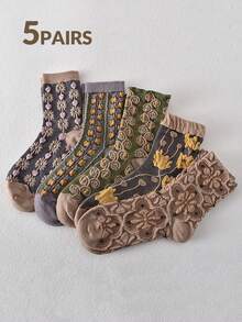 5 双复古女式中筒袜，饰有宫廷浮雕图案，秋季女士中筒袜