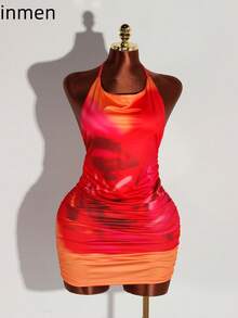 女士性感迷你连衣裙，Y2K风格度假装，女士印花返校连衣裙，修身约会之夜连衣裙 - 紅色 - 查看 2