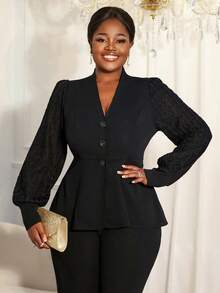 Women's Plus Size Stylish Black Peplum Coat V Neck Bishop Sleeve Jacquard Ruffle Detail Knitted Fabric Long Sleeve Button Closure Button Blazer