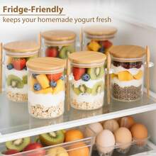 8-Pieces Overnight Oats Jar Set, Glass Food Containers, Includes Lid And Spoon, Bamboo Lid With Sealing Lid And Spoon,Chia Seed Pudding Salad Glass Jar,Ideal For Storing Spices, Salt, Sugar, Oatmeal, Coffee Powder, Bread Starter, Snacks, Yogurt, And More. - 玻璃罐+蓋+勺 - 查看 5