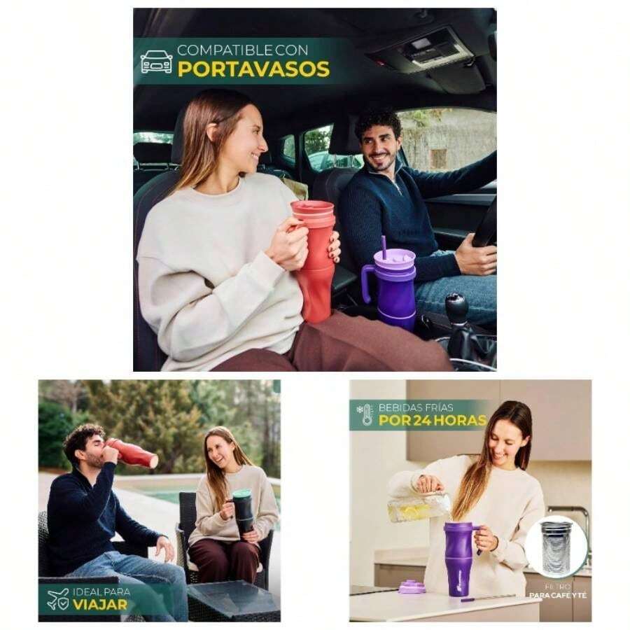 Termo para Agua Caf y T 40oz - Vaso Taza Trmico de Acero Inoxidable con Agarradera, Termos Tipo Tumbler para Fro y Caliente, Vasos Trmicos Originales con Tapa Popote y Asa - Puerto Vallarta - Ver 1