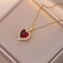 1pc Women's Elegant Red Heart Pendant Necklace, Gold Stainless Steel Chain, Suitable For Valentine's Day, Mother's Day & Birthday Ladies' Necklace - 紅色 - 查看 7