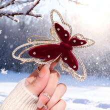 Winter Light Luxury Super Hold Oversized Hair Claw For Women - Soft Fluffy Plush Hair Accessory With Exquisitely Sculpted Metal Frame, Hand-Inlaid Premium Rhinestone Butterfly Motif, High-End Polished Metallic Finish, Sturdy Non-Slip Jaw Clip With Anti-Slip Silicone Lining, Skin-Friendly Plush Fabric, Oversized Size For Thick/Extra-Thick/Medium/Long Hair