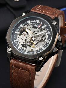 LONGLUX 1 pieza Reloj de pulsera casual para hombres con correa automática, mecánica y resistente al agua - Café integral - Ver 4