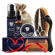 Kit de Cuidado de Barba para Hombres - 8 en 1 con Aceite, Cepillo, Rodillo, Champú, Peine, Álsamo y Tijera - Ideal como Regalo para Papá, Novio o Caballero - Azul 8pcs con rodillo - Ver 1