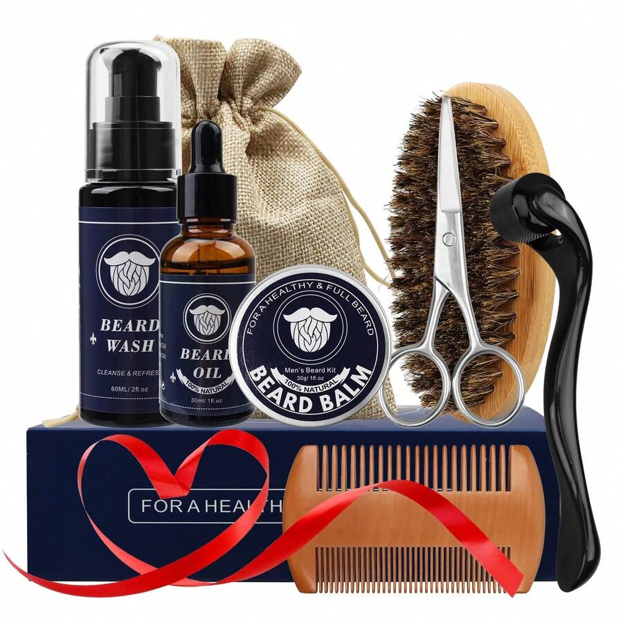 Kit de Cuidado de Barba para Hombres - 8 en 1 con Aceite, Cepillo, Rodillo, Champú, Peine, Álsamo y Tijera - Ideal como Regalo para Papá, Novio o Caballero - Azul 8pcs con rodillo - Ver 1