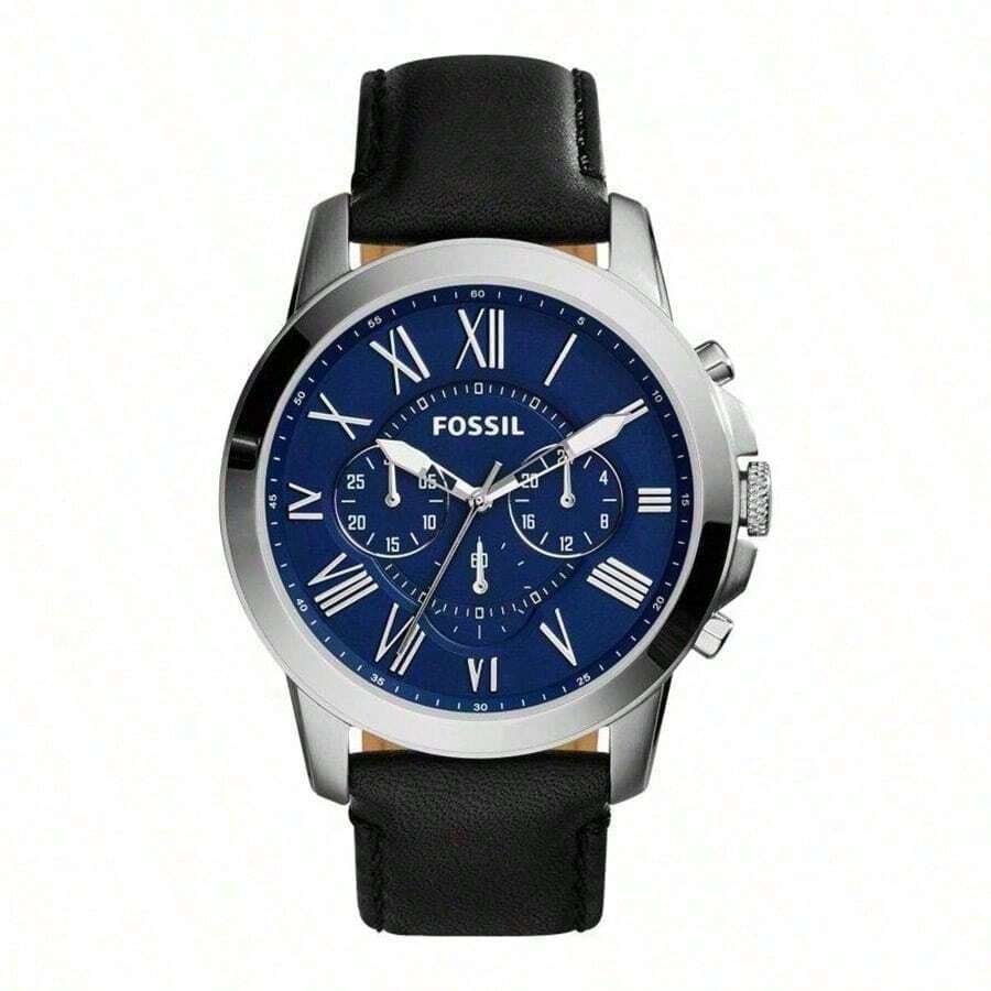 Fossil Reloj cronógrafo Fossil Grant para hombres - Esfera azul de 44 mm con números romanos, correa de cuero negro, resistente al agua 50M, reloj de vestir de estilo vintage para eventos formales y uso diario FS4990